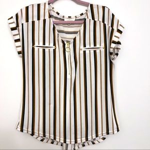 Flower & Feather Striped Short Sleeve Blouse US L